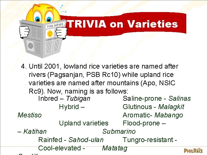 TRIVIA on Varieties 4. Until 2001, lowland rice varieties are named after rivers (Pagsanjan,