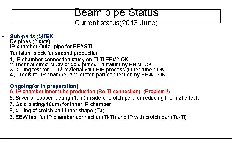 Beam pipe Status Current status(2013 June) • Sub-parts @KEK Be pipes (2 sets) IP