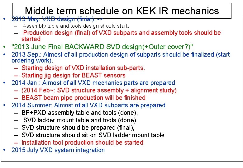 Middle term schedule on KEK IR mechanics • 2013 May: VXD design (finial), ->