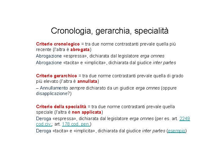 Cronologia, gerarchia, specialità Criterio cronologico = tra due norme contrastanti prevale quella più recente