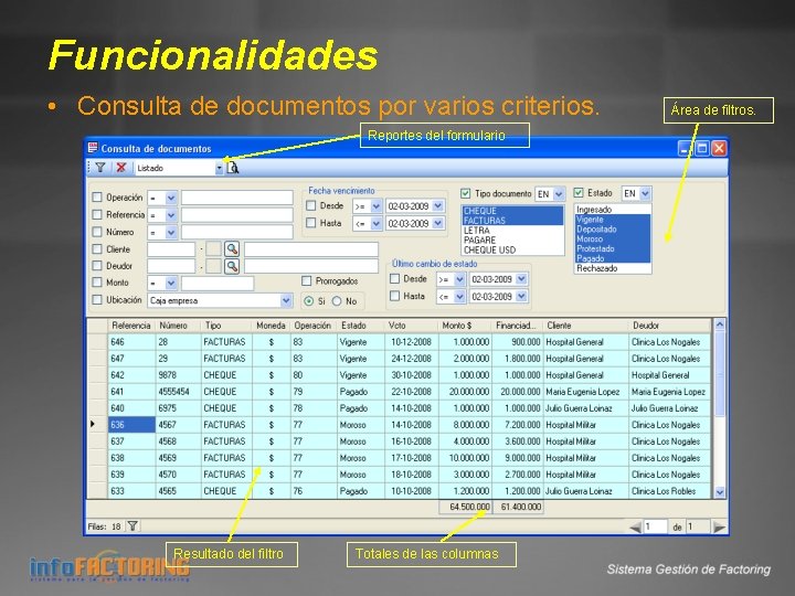 Funcionalidades • Consulta de documentos por varios criterios. Reportes del formulario Resultado del filtro