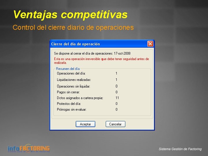 Ventajas competitivas Control del cierre diario de operaciones 