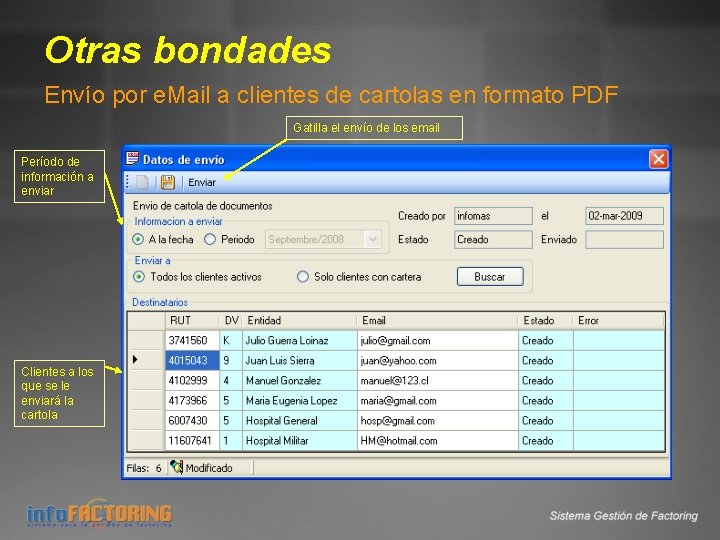 Otras bondades Envío por e. Mail a clientes de cartolas en formato PDF Gatilla