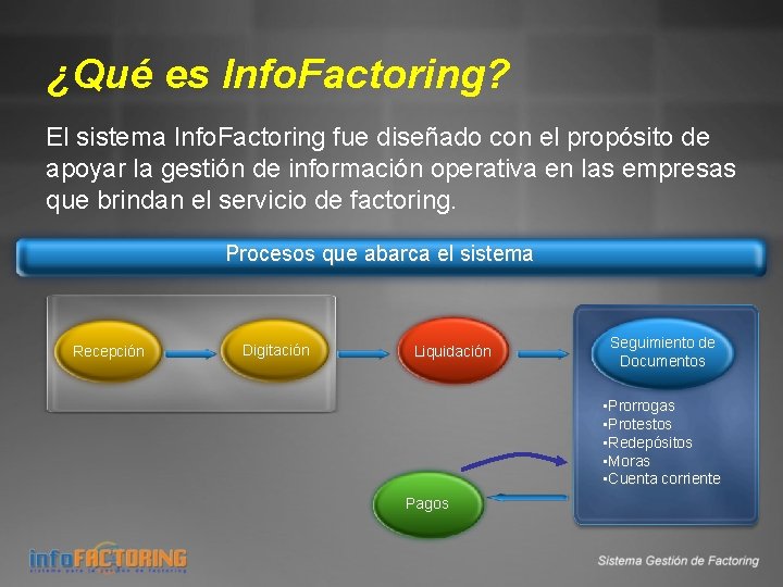 ¿Qué es Info. Factoring? El sistema Info. Factoring fue diseñado con el propósito de