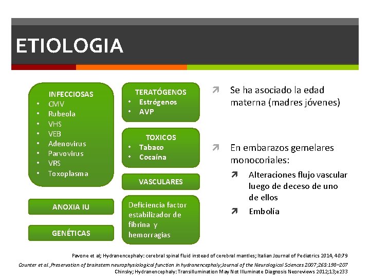 ETIOLOGIA • • INFECCIOSAS CMV Rubeola VHS VEB Adenovirus Parvovirus VRS Toxoplasma TERATÓGENOS • ETIOLOGIA • • INFECCIOSAS CMV Rubeola VHS VEB Adenovirus Parvovirus VRS Toxoplasma TERATÓGENOS •