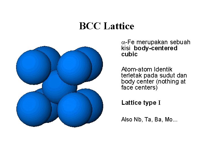 BCC Lattice -Fe merupakan sebuah kisi body-centered cubic Atom-atom Identik terletak pada sudut dan