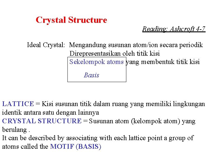 Crystal Structure Reading: Ashcroft 4 -7 Ideal Crystal: Mengandung susunan atom/ion secara periodik Direpresentasikan