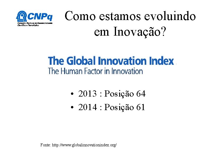 Como estamos evoluindo em Inovação? • 2013 : Posição 64 • 2014 : Posição Como estamos evoluindo em Inovação? • 2013 : Posição 64 • 2014 : Posição