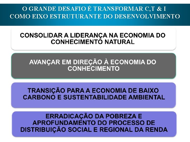 O GRANDE DESAFIO É TRANSFORMAR C, T & I COMO EIXO ESTRUTURANTE DO DESENVOLVIMENTO O GRANDE DESAFIO É TRANSFORMAR C, T & I COMO EIXO ESTRUTURANTE DO DESENVOLVIMENTO