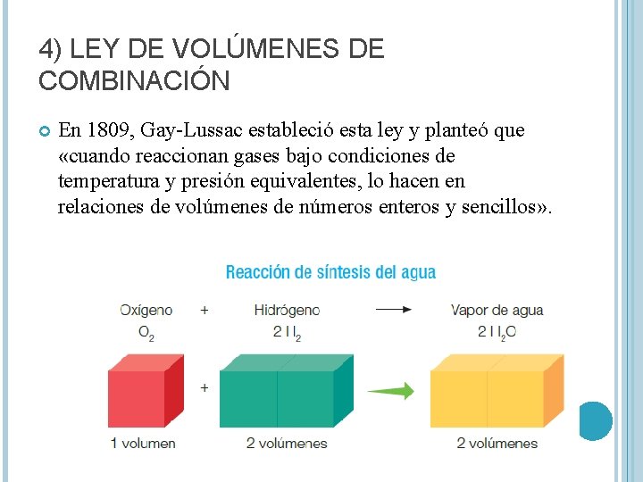 4) LEY DE VOLÚMENES DE COMBINACIÓN En 1809, Gay-Lussac estableció esta ley y planteó