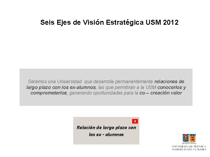 Seis Ejes de Visión Estratégica USM 2012 Seremos una Universidad que desarrolla permanentemente relaciones