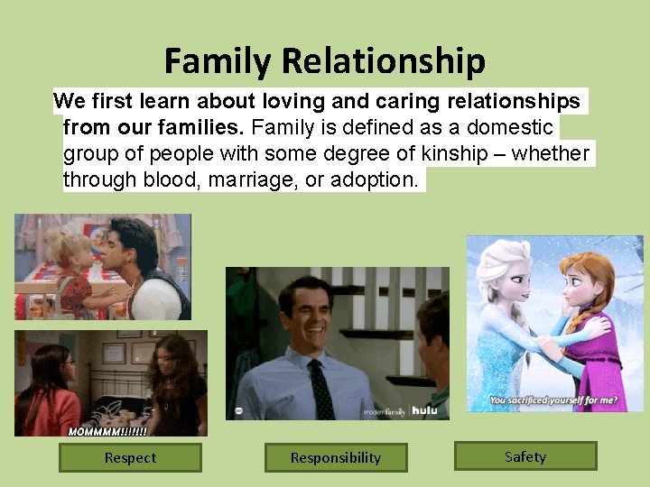 Family Relationship We first learn about loving and caring relationships from our families. Family