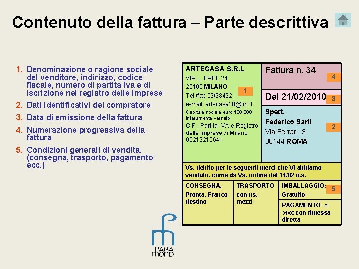 Contenuto della fattura – Parte descrittiva 1. Denominazione o ragione sociale del venditore, indirizzo,