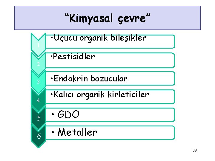 “Kimyasal çevre” 1 2 3 4 • Uçucu organik bileşikler • Pestisidler • Endokrin