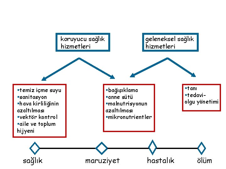 koruyucu sağlık hizmetleri §temiz içme suyu §sanitasyon §hava kirliliğinin azaltılması §vektör kontrol §aile ve