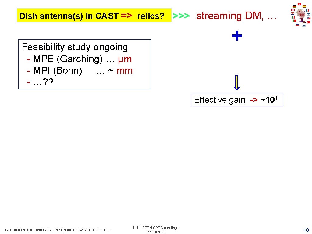 Dish antenna(s) in CAST => relics? >>> streaming DM, … Feasibility study ongoing Dish antenna(s) in CAST => relics? >>> streaming DM, … Feasibility study ongoing