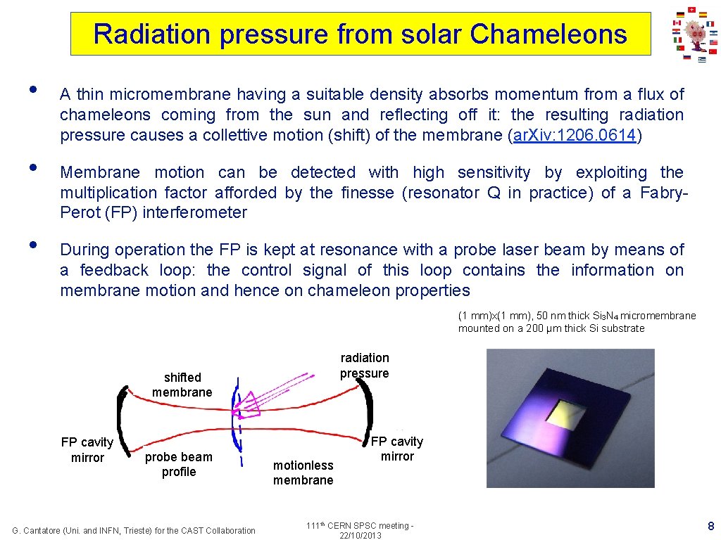Radiation pressure from solar Chameleons • • • A thin micromembrane having a Radiation pressure from solar Chameleons • • • A thin micromembrane having a
