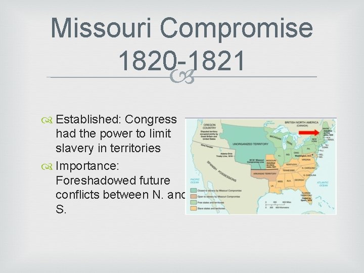 Missouri Compromise 1820 -1821 Established: Congress had the power to limit slavery in territories