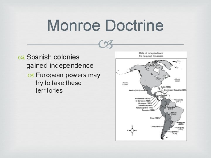 Monroe Doctrine Spanish colonies gained independence European powers may try to take these territories