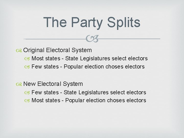 The Party Splits Original Electoral System Most states - State Legislatures selectors Few states