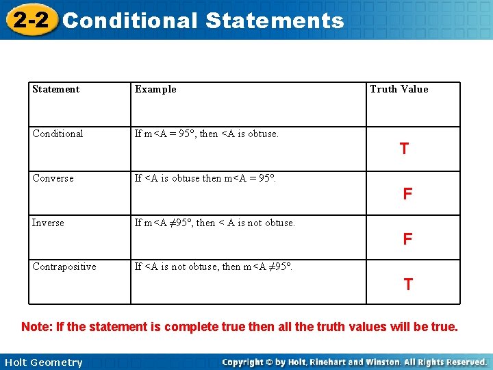 2 -2 Conditional Statements Statement Example Conditional If m<A = 95°, then <A is