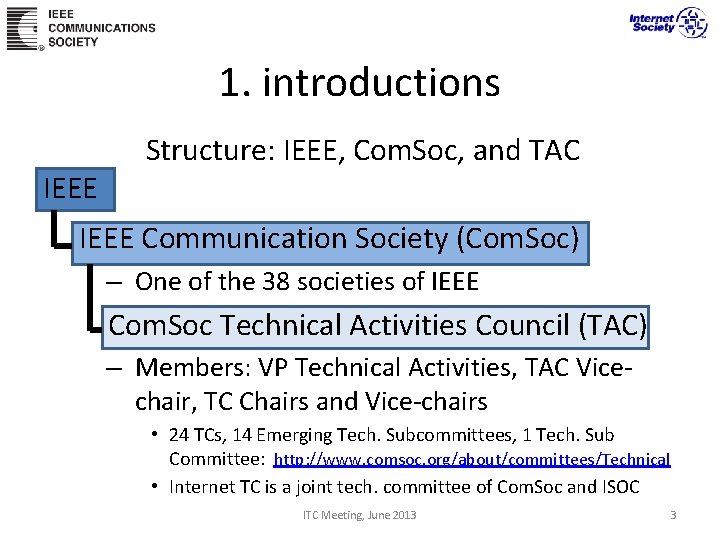 1. introductions IEEE Structure: IEEE, Com. Soc, and TAC IEEE Communication Society (Com. Soc)