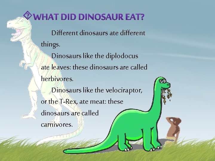 Different dinosaurs ate different things. Dinosaurs like the diplodocus ate leaves: these dinosaurs are