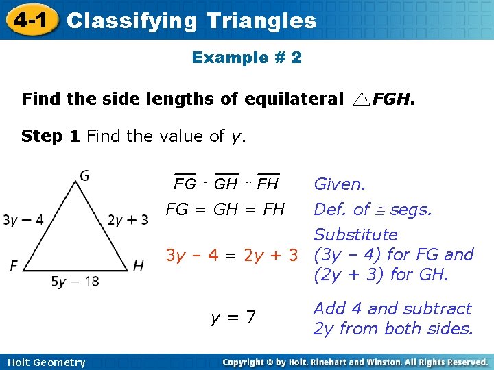 4 -1 Classifying Triangles Example # 2 Find the side lengths of equilateral FGH.