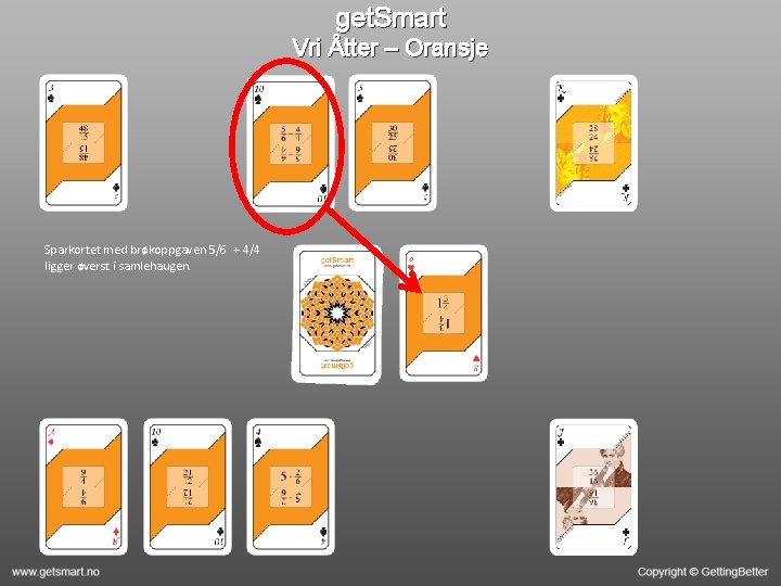 get. Smart Vri Åtter – Oransje Sparkortet med brøkoppgaven 5/6 + 4/4 ligger øverst