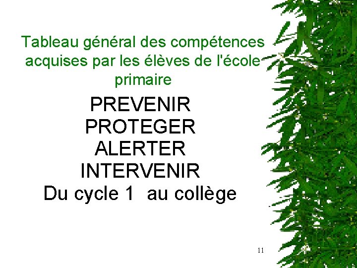 Tableau général des compétences acquises par les élèves de l'école primaire PREVENIR PROTEGER ALERTER