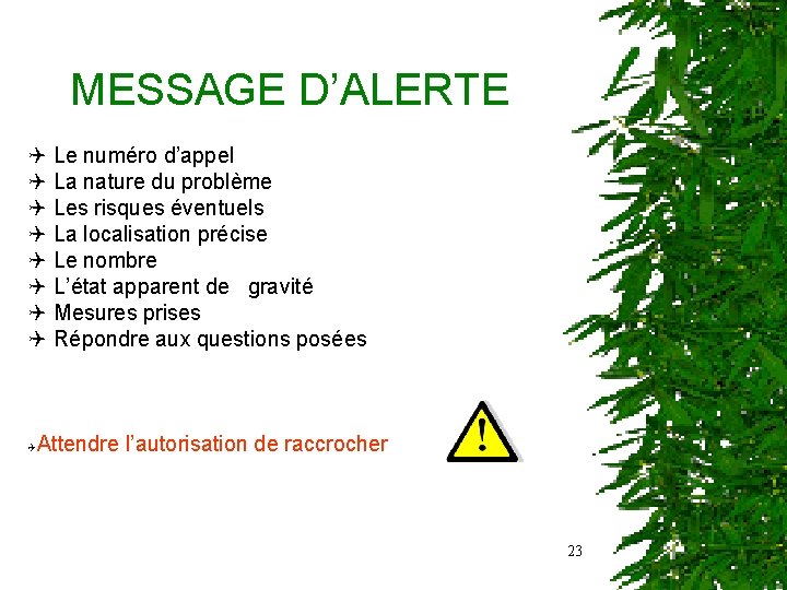 MESSAGE D’ALERTE Le numéro d’appel La nature du problème Les risques éventuels La localisation