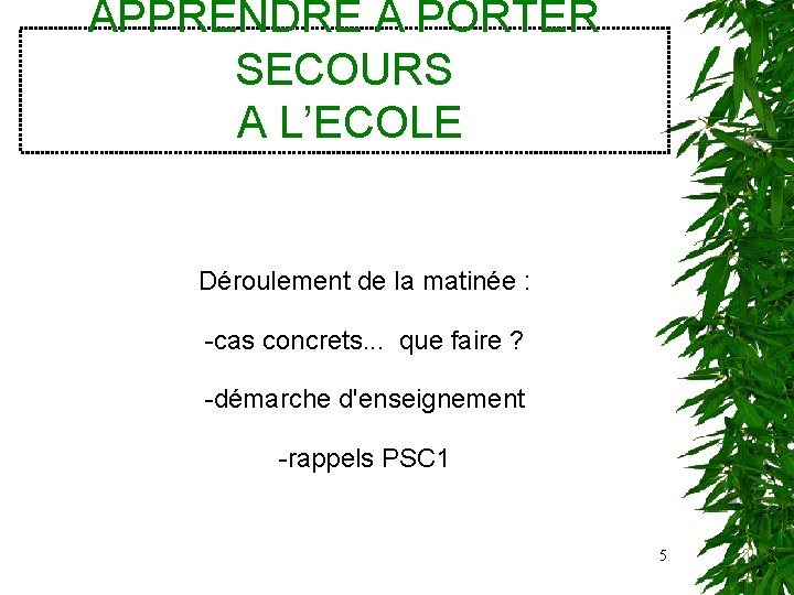 APPRENDRE A PORTER SECOURS A L’ECOLE Déroulement de la matinée : -cas concrets. .