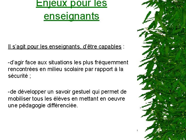 Enjeux pour les enseignants Il s’agit pour les enseignants, d’être capables : -d’agir face