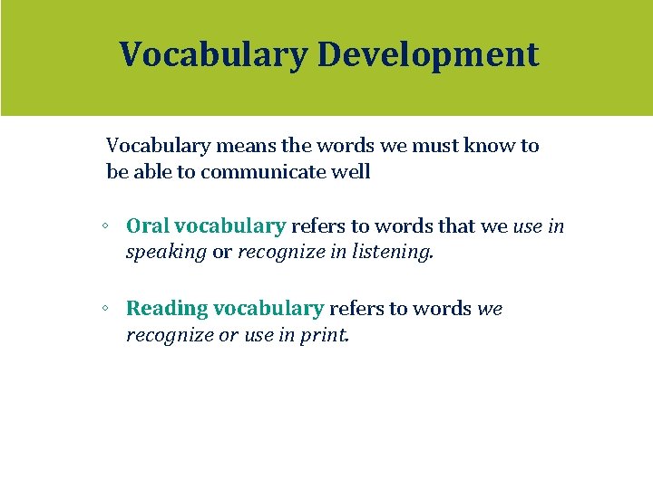 Vocabulary Development Vocabulary means the words we must know to be able to communicate