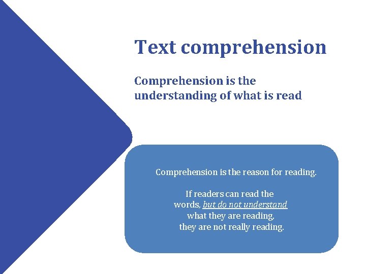 Text comprehension Comprehension is the understanding of what is read Comprehension is the reason