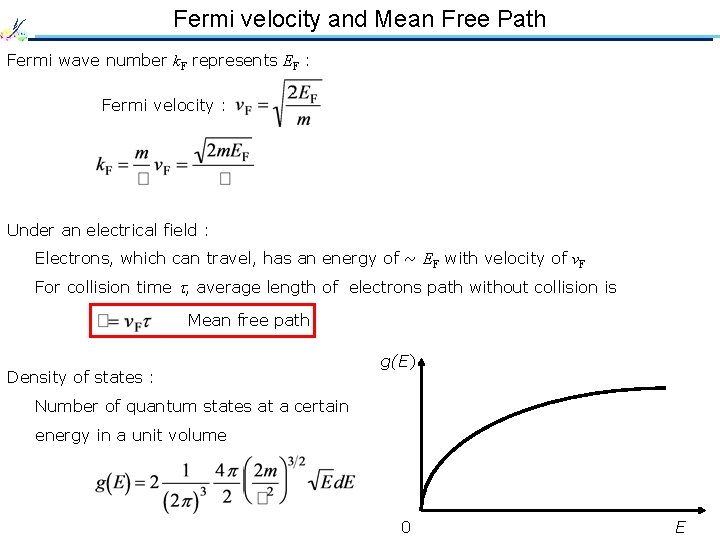 Fermi velocity and Mean Free Path Fermi wave number k. F represents EF :