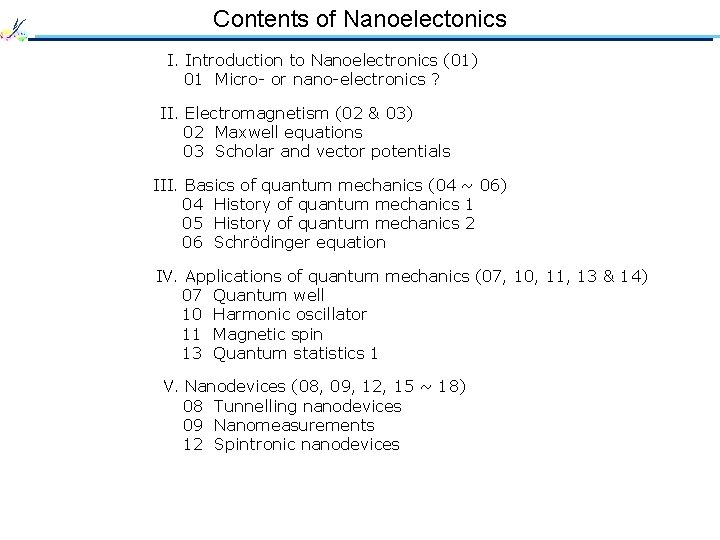 Contents of Nanoelectonics I. Introduction to Nanoelectronics (01) 01 Micro- or nano-electronics ? II.