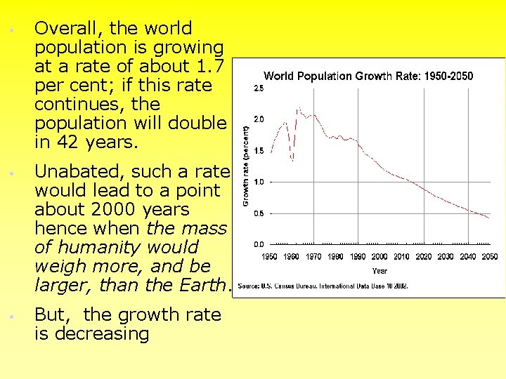  • • • Overall, the world population is growing at a rate of