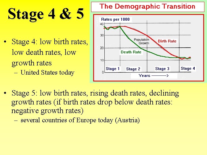 Stage 4 & 5 • Stage 4: low birth rates, low death rates, low