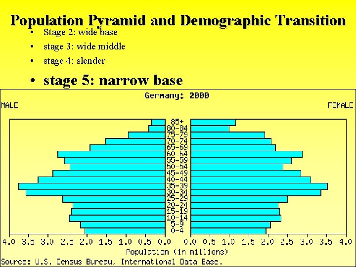 Population Pyramid and Demographic Transition • Stage 2: wide base • stage 3: wide