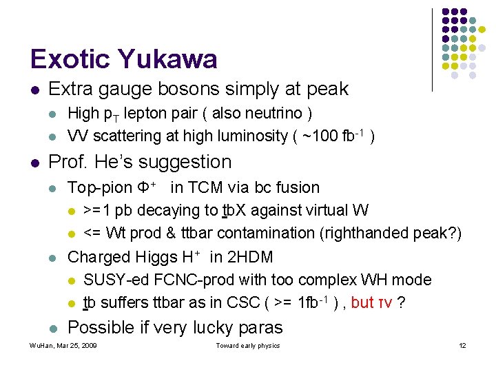 Exotic Yukawa l Extra gauge bosons simply at peak l l l High p.