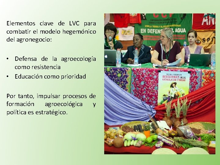 Elementos clave de LVC para combatir el modelo hegemónico del agronegocio: • Defensa de