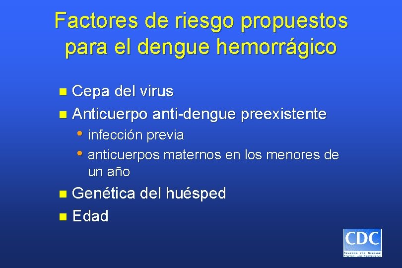 Factores de riesgo propuestos para el dengue hemorrágico Cepa del virus n Anticuerpo anti-dengue