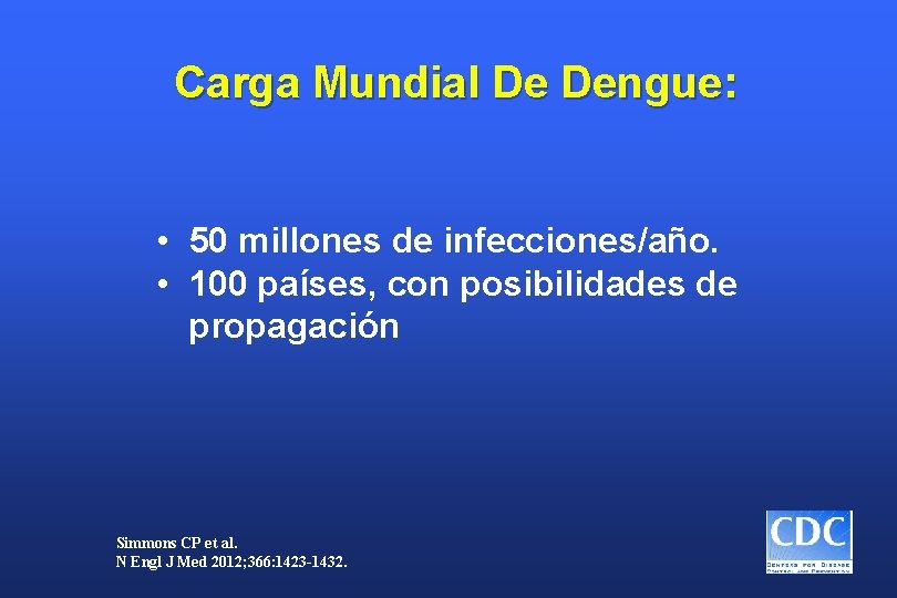 Carga Mundial De Dengue: • 50 millones de infecciones/año. • 100 países, con posibilidades