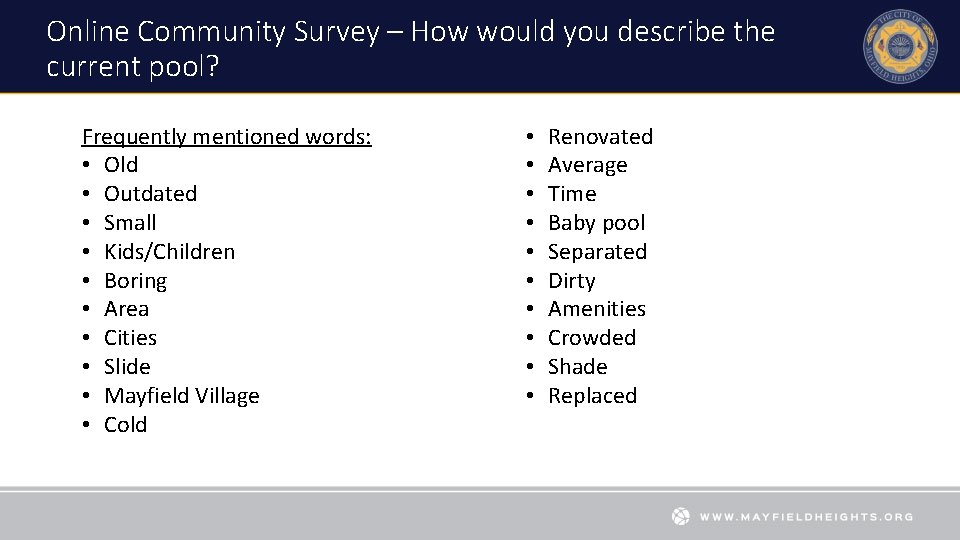 Online Community Survey – How would you describe the current pool? Frequently mentioned words: