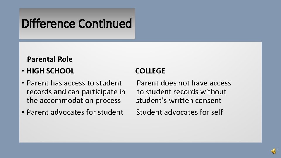 Difference Continued Parental Role • HIGH SCHOOL COLLEGE • Parent has access to student