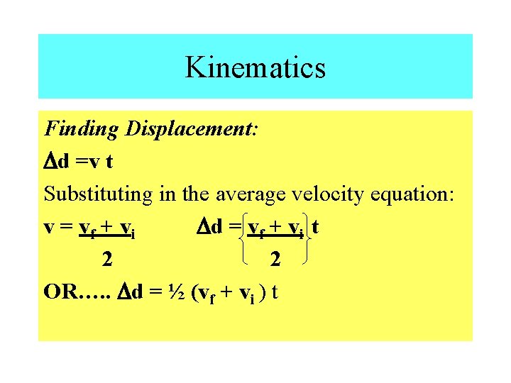 Kinematics Finding Displacement: d =v t Substituting in the average velocity equation: v =