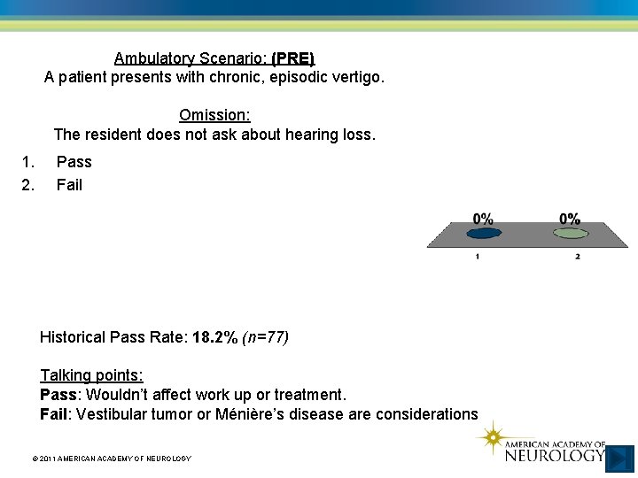 Ambulatory Scenario: (PRE) A patient presents with chronic, episodic vertigo. Omission: The resident does