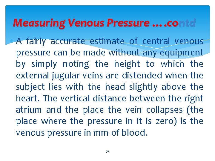 Measuring Venous Pressure …. contd A fairly accurate estimate of central venous pressure can