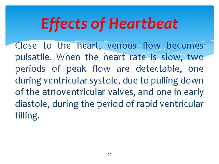 Effects of Heartbeat Close to the heart, venous flow becomes pulsatile. When the heart